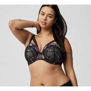 Torrid Lightly Lined Black Lace & Floral Skull Print Strappy T-Shirt Bra 40DDD